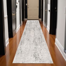 13' Gray and Ivory Oriental Distressed Runner Rug