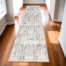 13' Ivory and Gray Geometric Distressed Runner Rug