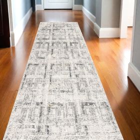 20' Ivory and Gray Geometric Distressed Runner Rug