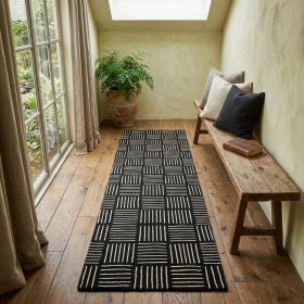 6' Black and Off White Abstract Machine Tufted Washable Runner Rug With UV Protection