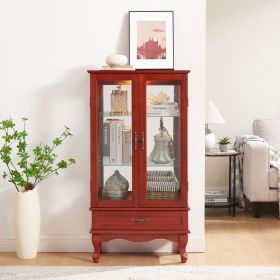 Lighted Glass Display Cabinet Glass Wine Cabinet Curio Display Cabinet with Adjustable Glass Shelves Two Doors and One Drawer Bulb Included for H