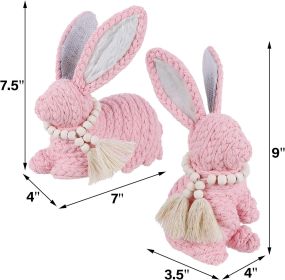 2 Pack Woven Bunny Easter Decor - Bunny Decorations for Home, Spring Rabbit Figurines for Shelf Table Centerpiece (Pink)