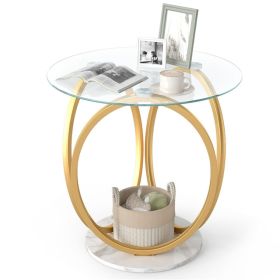 Modern 2-Tier Side Table with Tempered Glass Top & Faux Marble Base, Gold & White Round End Table