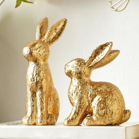 Gold Bunny Decor, Easter Bunny Figurines Set of 2, Small Rabbit Decor with Metallic Rough Finish, Resin Bunnies for Spring Table Centerpiece