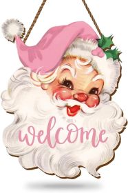 Christmas Wooden Hanging Sign Pink Xmas Santa Welcome Sign for Holiday Party Indoor Outdoor Porch Wall Front Door Decor