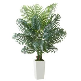 Artificial Areca Palm Tree 6 ft, Fake Palm Tropical Plants with White Tall Planter, Faux Floor Silk Plant in Pot