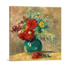 Green Vase With Multicolor Flowers Village Near River (Type: Standard Framed Canvas Print, size: 24" x 24" / 60cm x 60cm (approx))